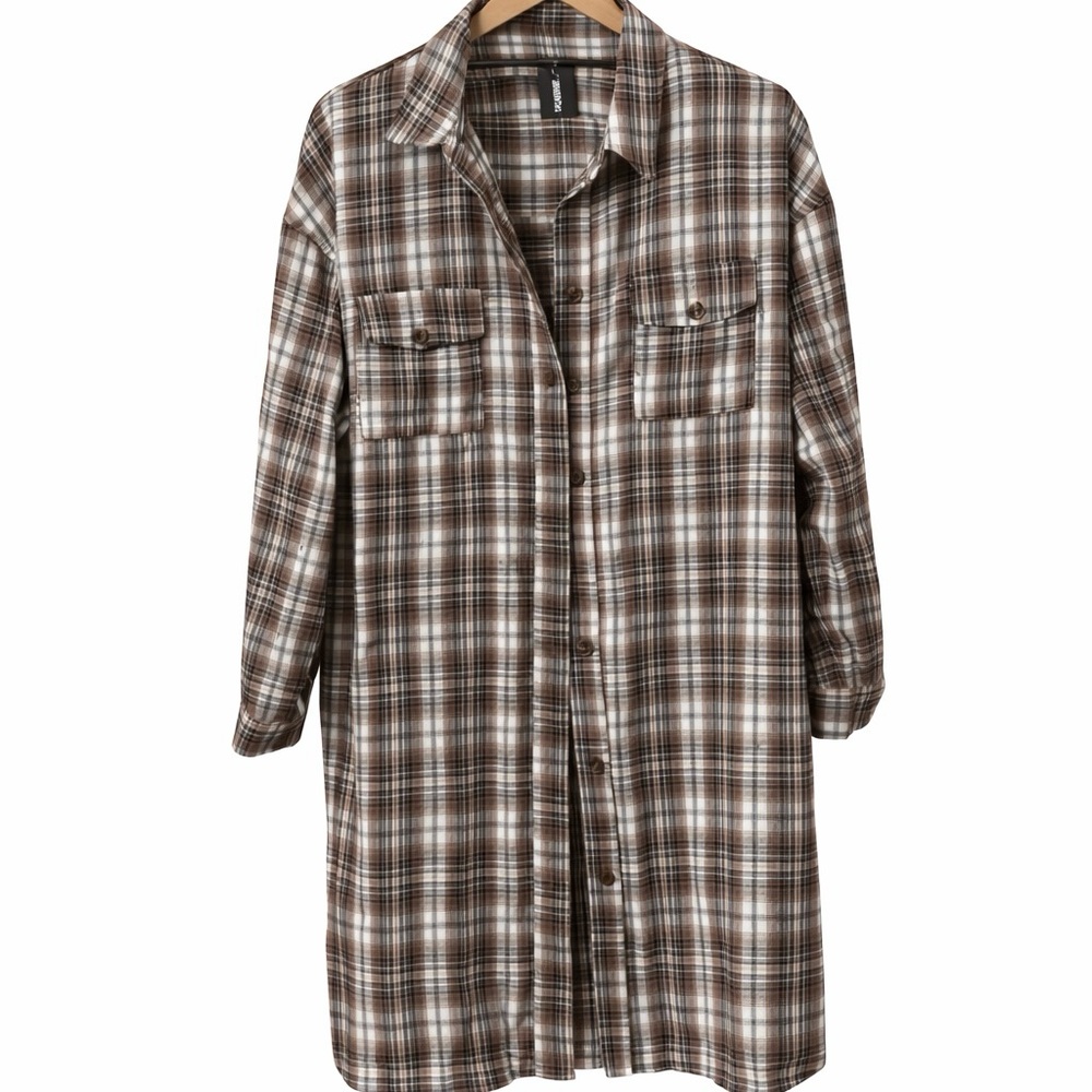 Final Touch Brown and White Plaid Shirt/Dress/Duster-Size 2XL